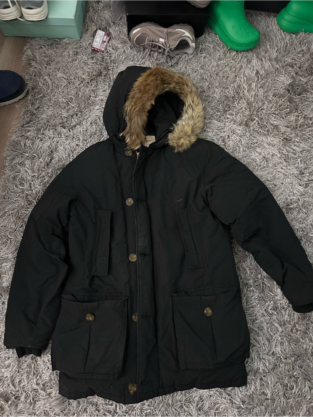 Woolrich Kids Black Puffy Hooded Parka with Faux Fur Trim